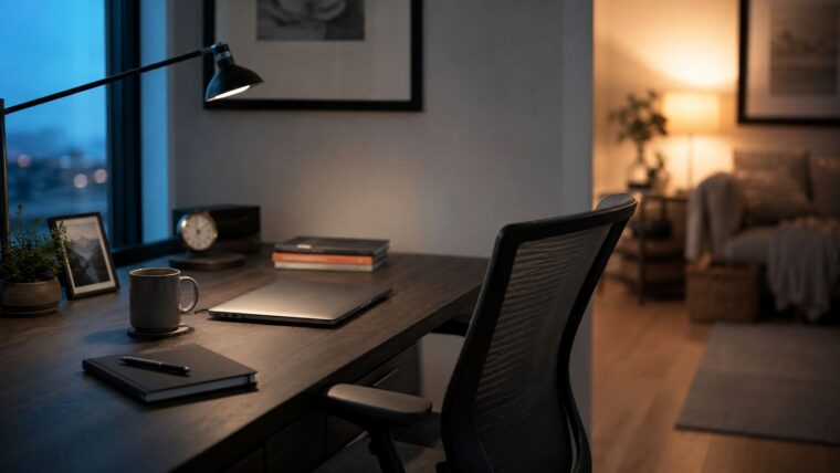 Entrepreneur's home office desk at evening with a closed laptop and empty chair, representing owner dependency and the tension between business responsibility and family presence
